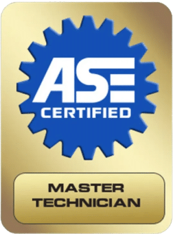 Gold badge with a blue gear emblem and text "ASE Certified" above "Master Technician.