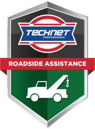 Shield-shaped badge with "TECHNET PROFESSIONAL" logo, "ROADSIDE ASSISTANCE" text, and a white tow truck icon.