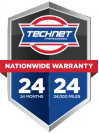 Shield-shaped TECHNET badge with nationwide warranty details.