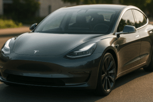 tesla error codes, Auto Repair Services in Wake Forest, NC at Pleasant Automotive. Front view of a red Tesla parked under a clear sky with a wind turbine in the background. Perfect for highlighting EV services, sustainability, or modern vehicle maintenance.