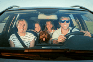 Vehicle Inspection in Wake Forest, NC by Pleasant Automotive. Family driving together with two kids and a dog in the car, showing a happy and safe family travel moment from the front view of the vehicle.